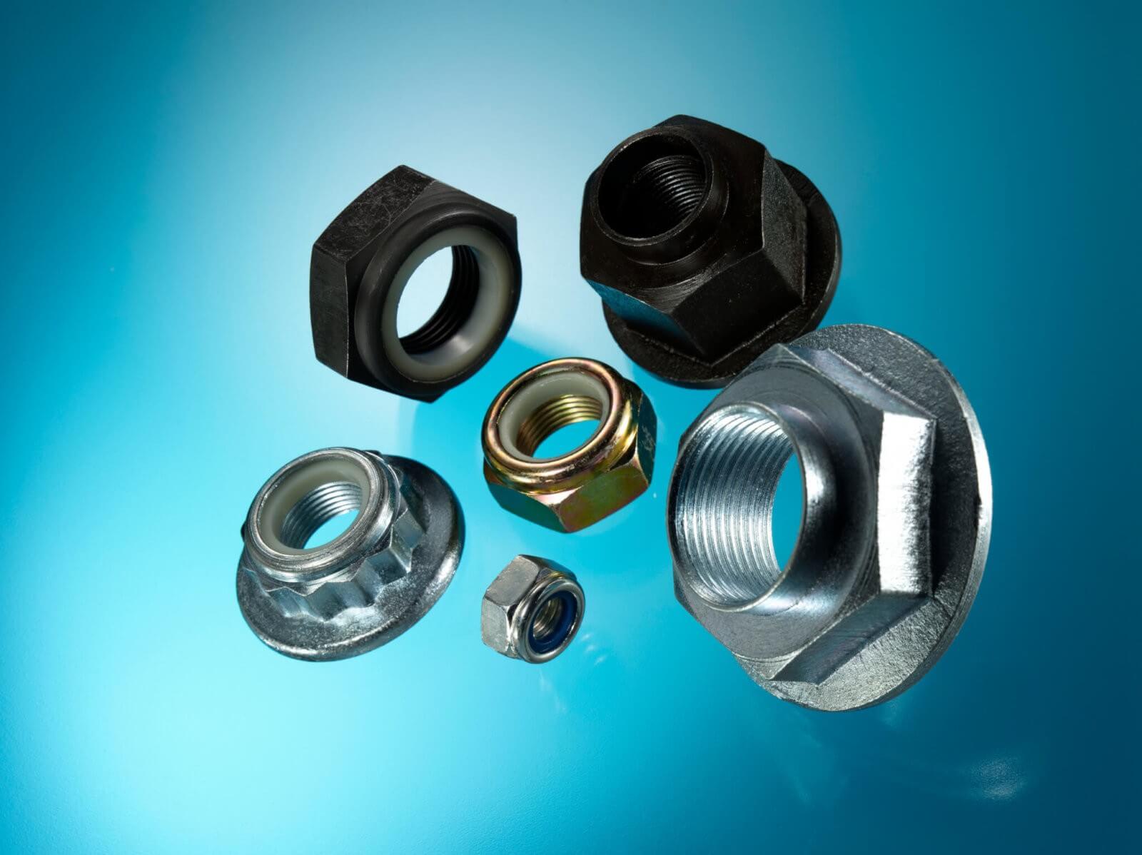 Automotive Parts Nuts. Hex nuts, Flannge nuts, Castle nuts, Self Locking nuts, Captive Washer nuts and Shake Proof nuts.